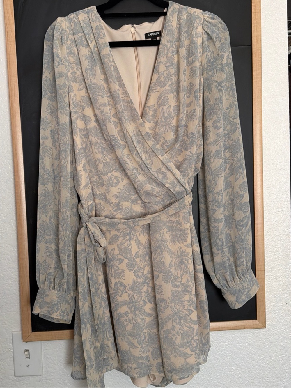Express Floral Wrap Dress in Beige and Light Blue